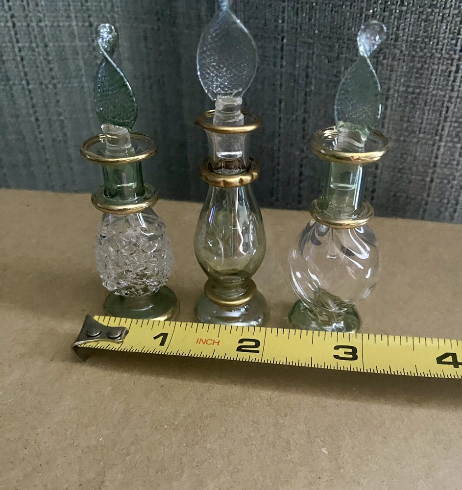 Three Egyptian Hand Blown Green Perfume Bottles with Dabber