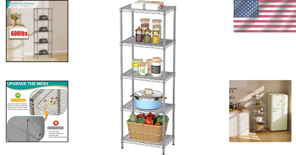 Heavy Duty 5-Tier Shelving Unit – Rustproof Design, Perfect for Kitchen & Closet
