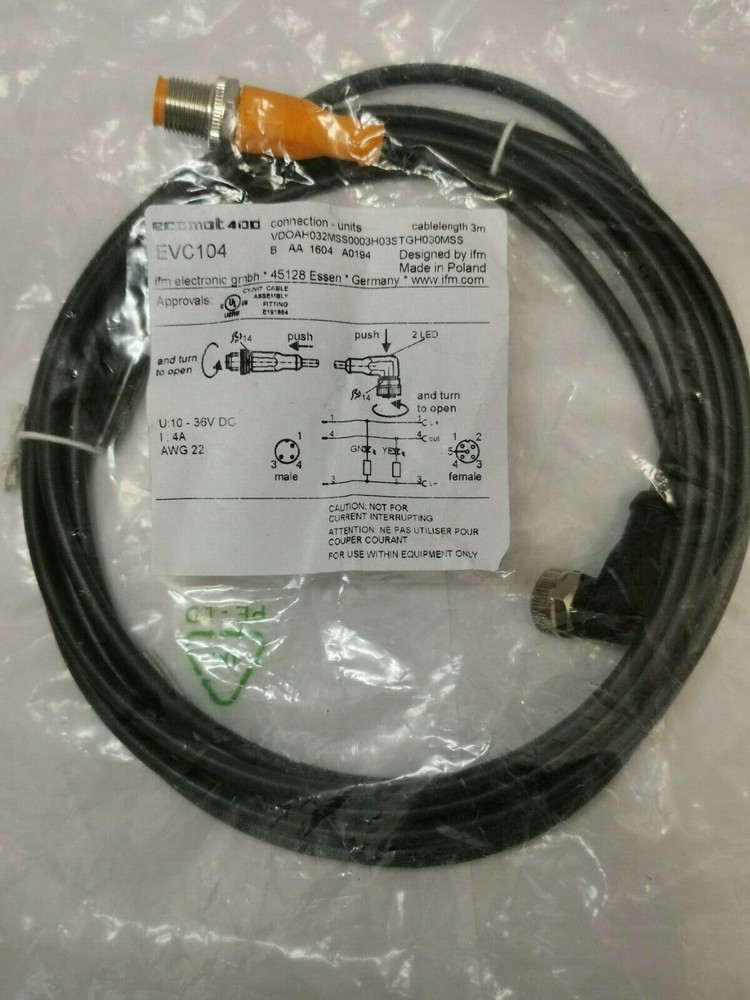 IFM EVC104 Cable M12 Connector 3m New #