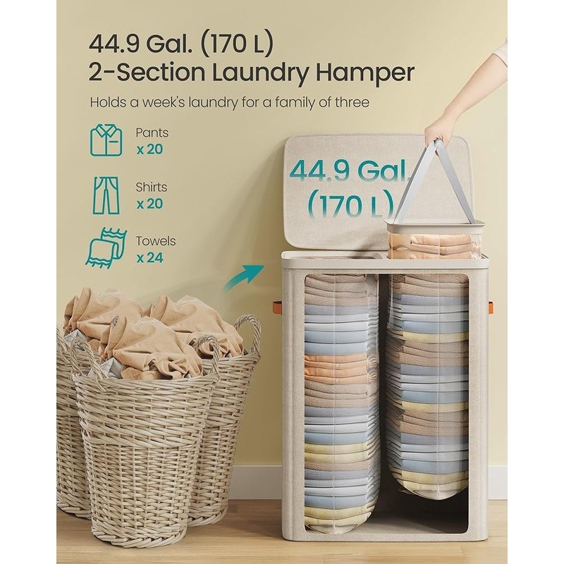 Laundry Basket W/ 2 Compartments Easy Assembly Hamper W/ Lid & Handles New