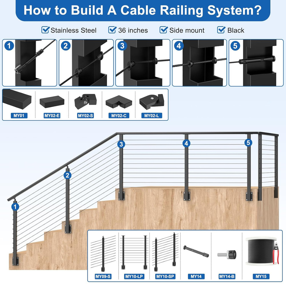 36" Side Mount Railing Post Kit with Stainless Steel Cable - 12-20Ft, 4 Pack