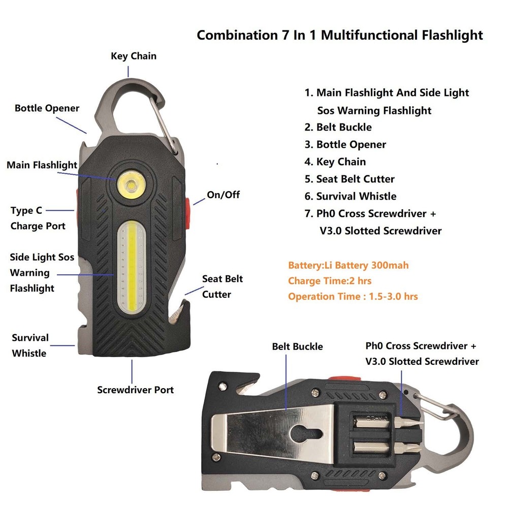 Multifunctional Flashlight 7 In 1 Keychain Led Light Screwdriver Whistle