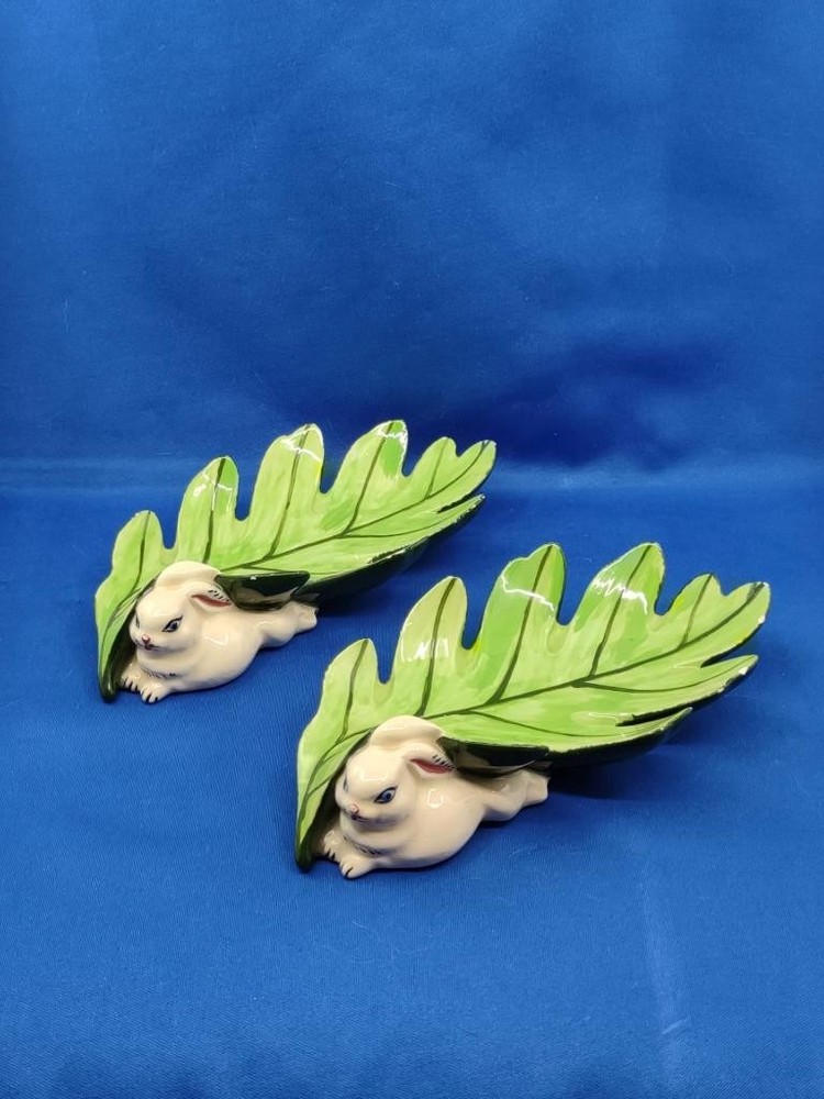 Vtg Atlantic Mold Set 2 Ceramic White Bunny Leaf Trinket Candy Dishes Easter '65