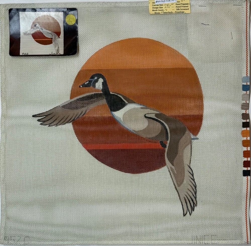 Hand-Painted FLYING DUCK Needlepoint Canvas 14-mesh 13" x 13"