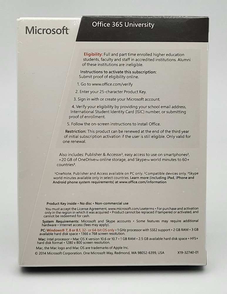 Microsoft Office 365 University 4 year Academic Key Card - For PC, Mac