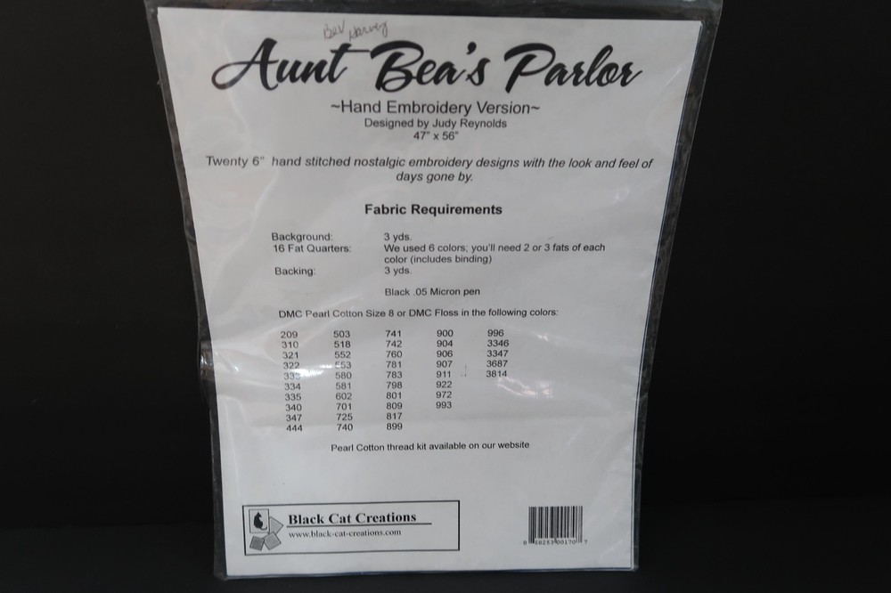 Black Cat Creations Aunt Bea’s Parlor Embroidery Pattern Hand Stitched Version