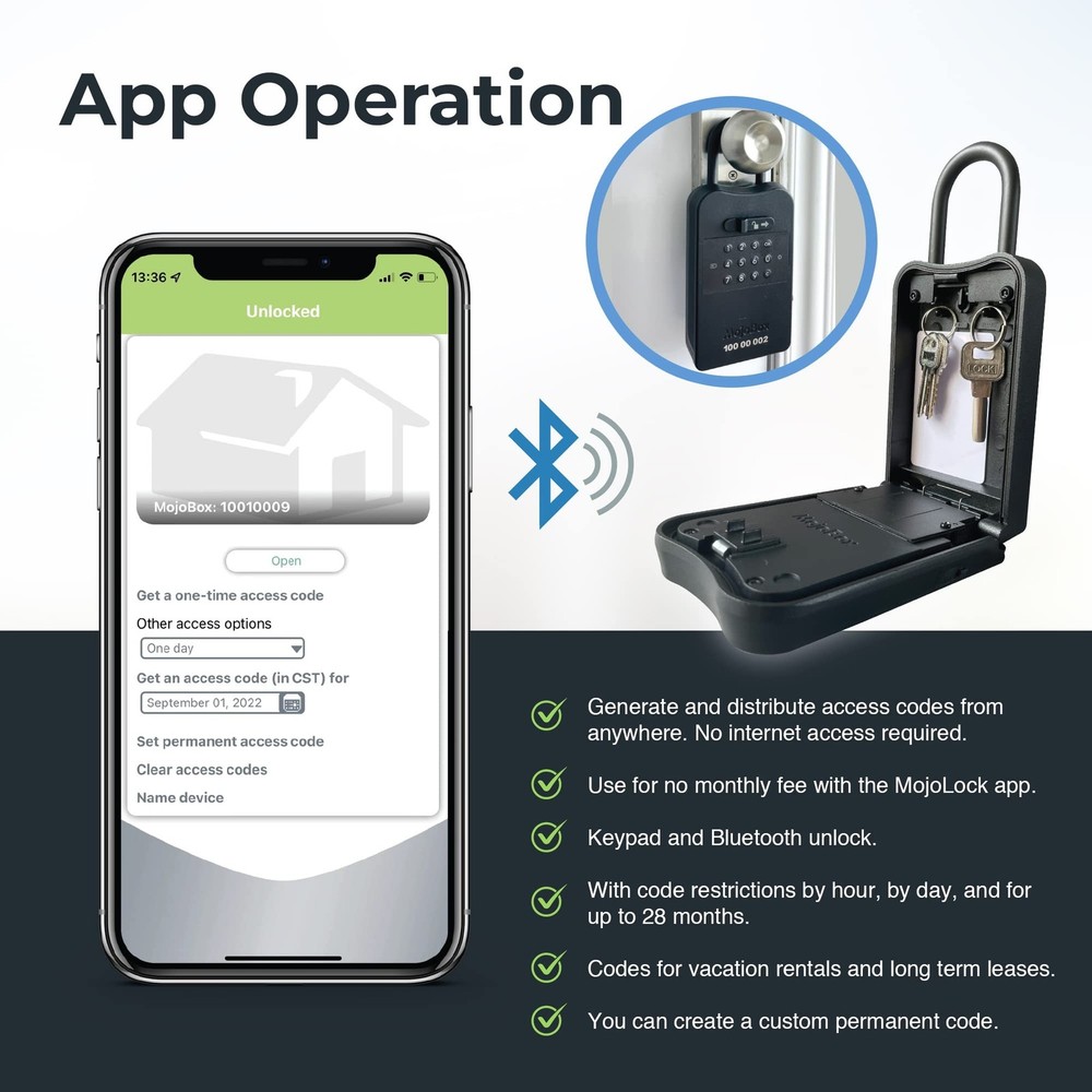 MojoBox, Digital Lockbox, Bluetooth Key Lockbox, iOS/Android App Remotely Gen...