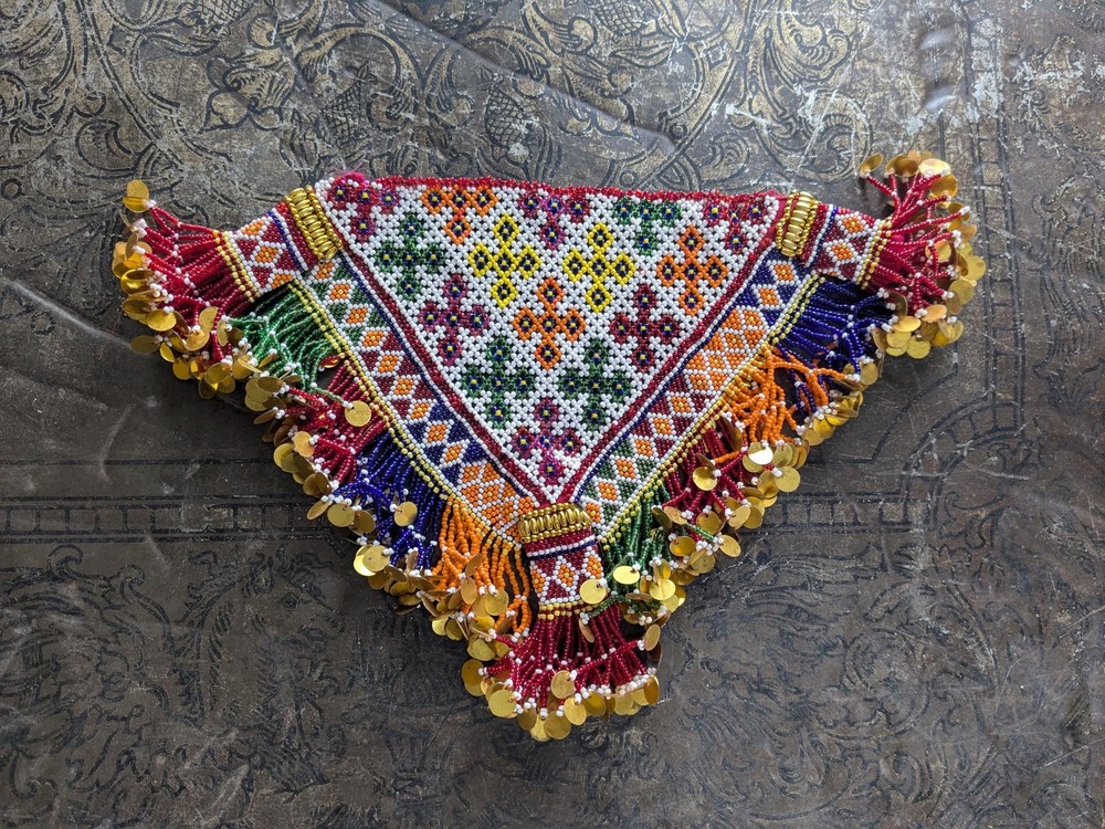 Vintage Kuchi Tribal Beaded Textile Patch Triangular 13" x 9" (19759)