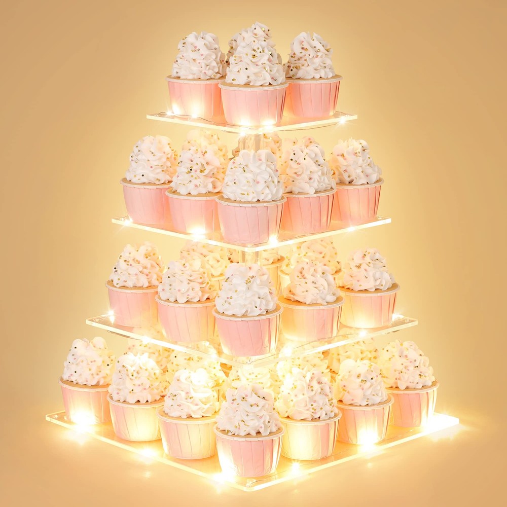 4 Tier Cupcake Stand with LED String Light, Acrylic Cupcake Display Stand, Sq...