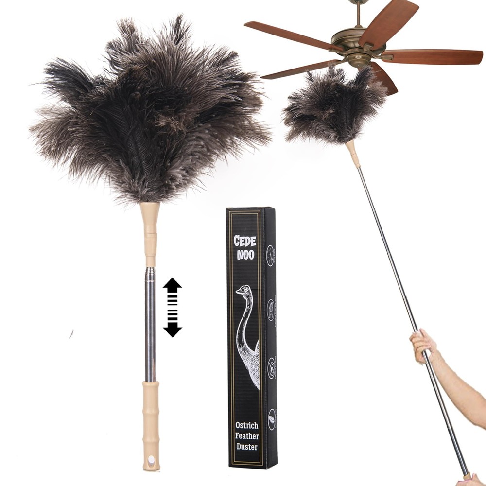 Extendable Feather Duster with Natural Ostrich Feathers, 47” Long Handle for Hig