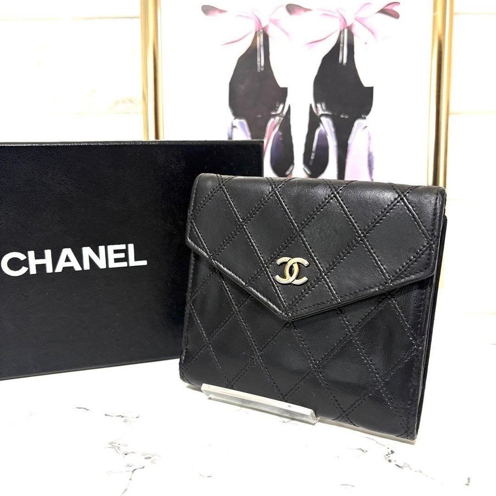 CHANEL Bi-fold Wallet Bicolore Coco Mark Double Snap Closure Black, Authentic
