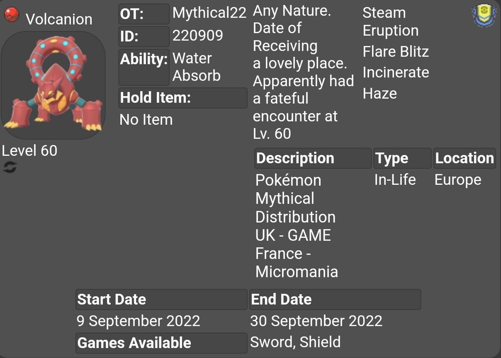 Mythical22 Event Volcanion For Pokemon Sword & Shield