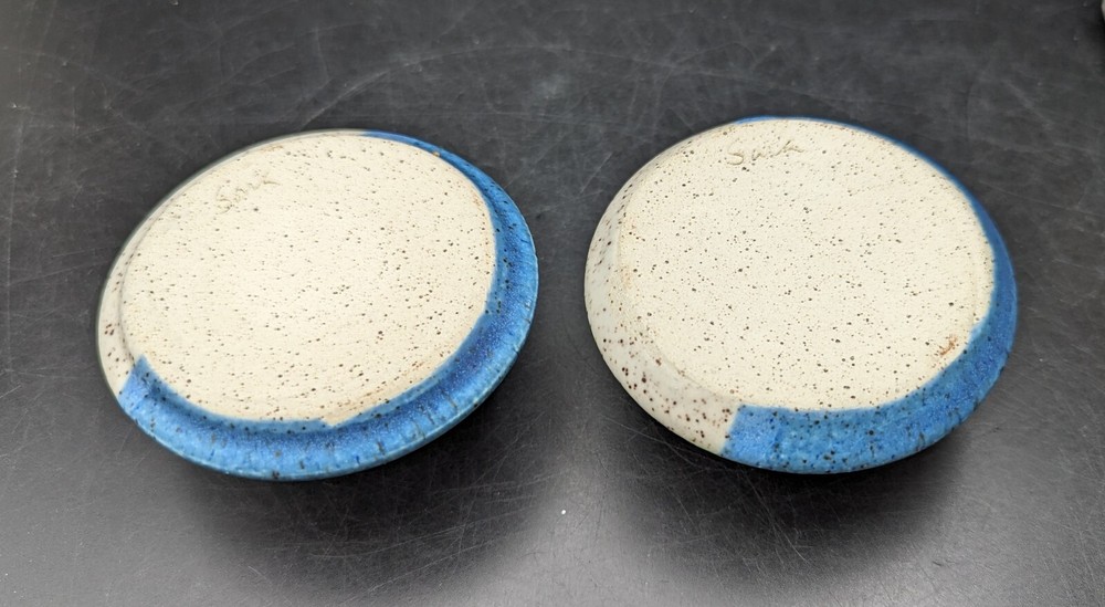 Handmade Pottery Signed Blue & White Candlesticks Excellent Condition Pair
