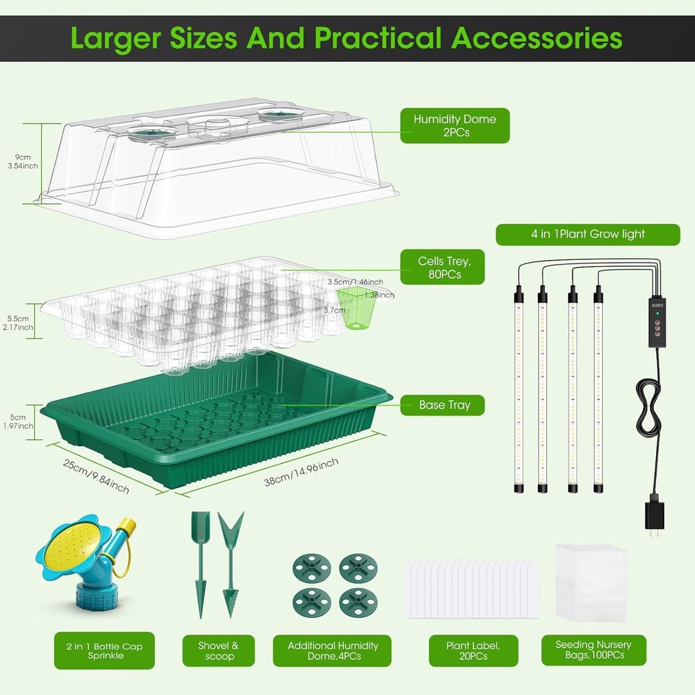 Seed Starter Tray with Grow Light, 2 Pack 80-Cell Seedling Starter Kit with Smar
