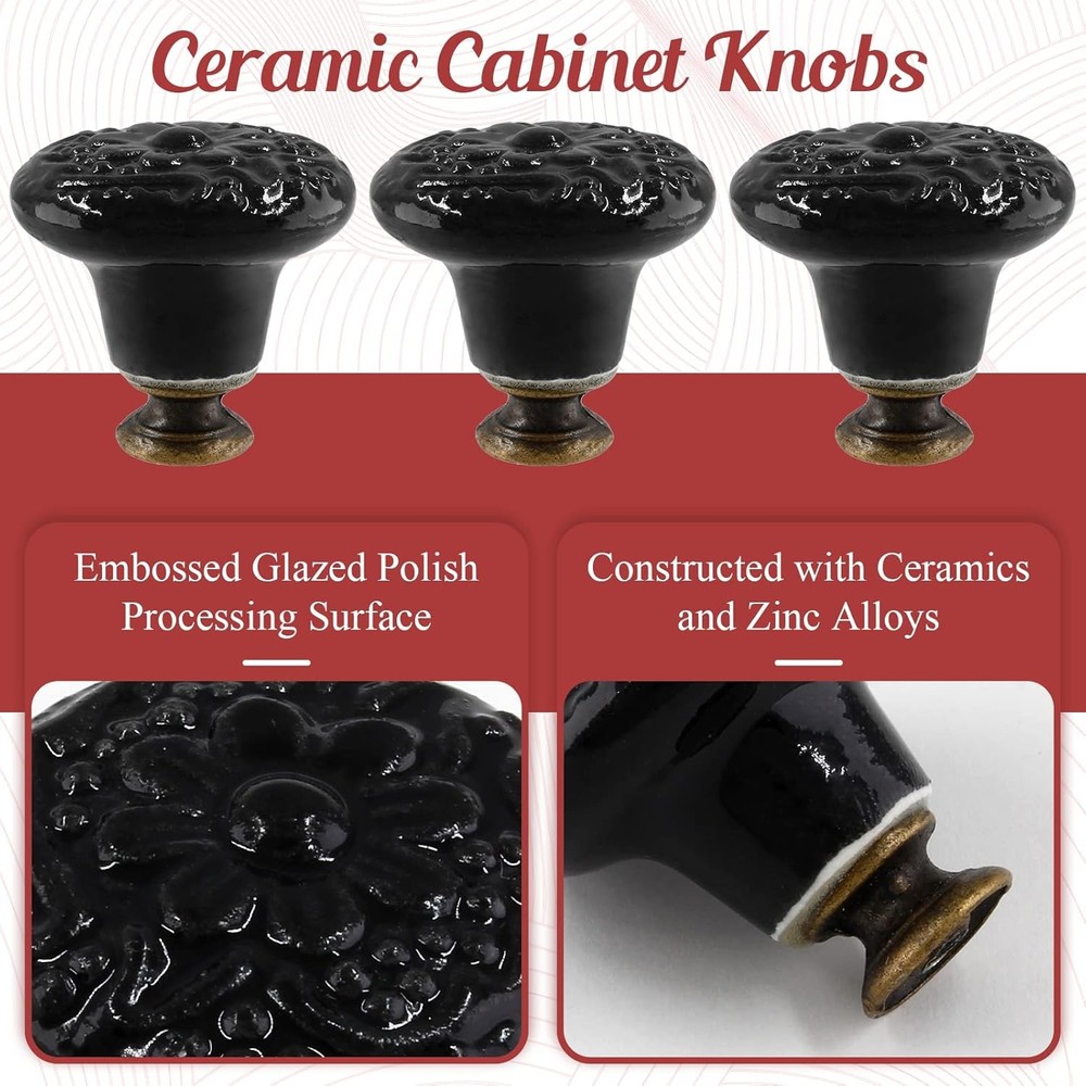 4pcs Black Ceramic Knobs, Vintage & Retro Dresser & Cabinet Knobs, Decorative Dr