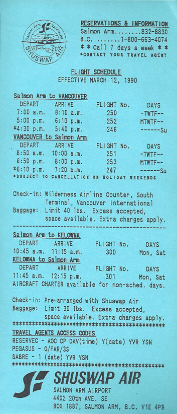 Shuswap Air system timetable 3/12/90 [4111]