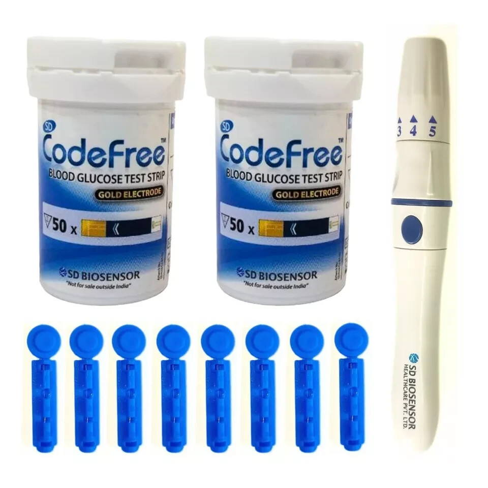 SD Codefree Blood Glucose Glucometer Kit With Test Strip, Lanchet 100 Pic Each