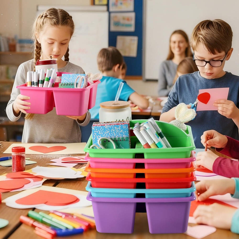 6 Pack 3 Compartment Small Caddy Plastic Classroom Organizer with Handle Port...