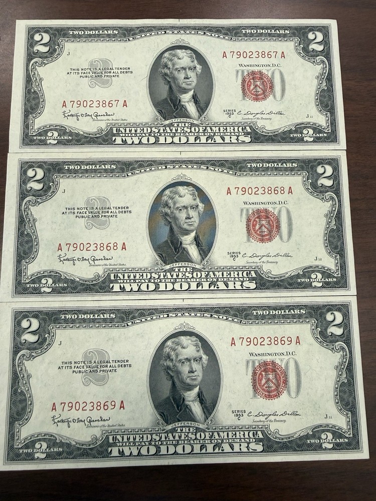 (3) Uncirculated Consecutive Red Label 1953 $2 Error Bills