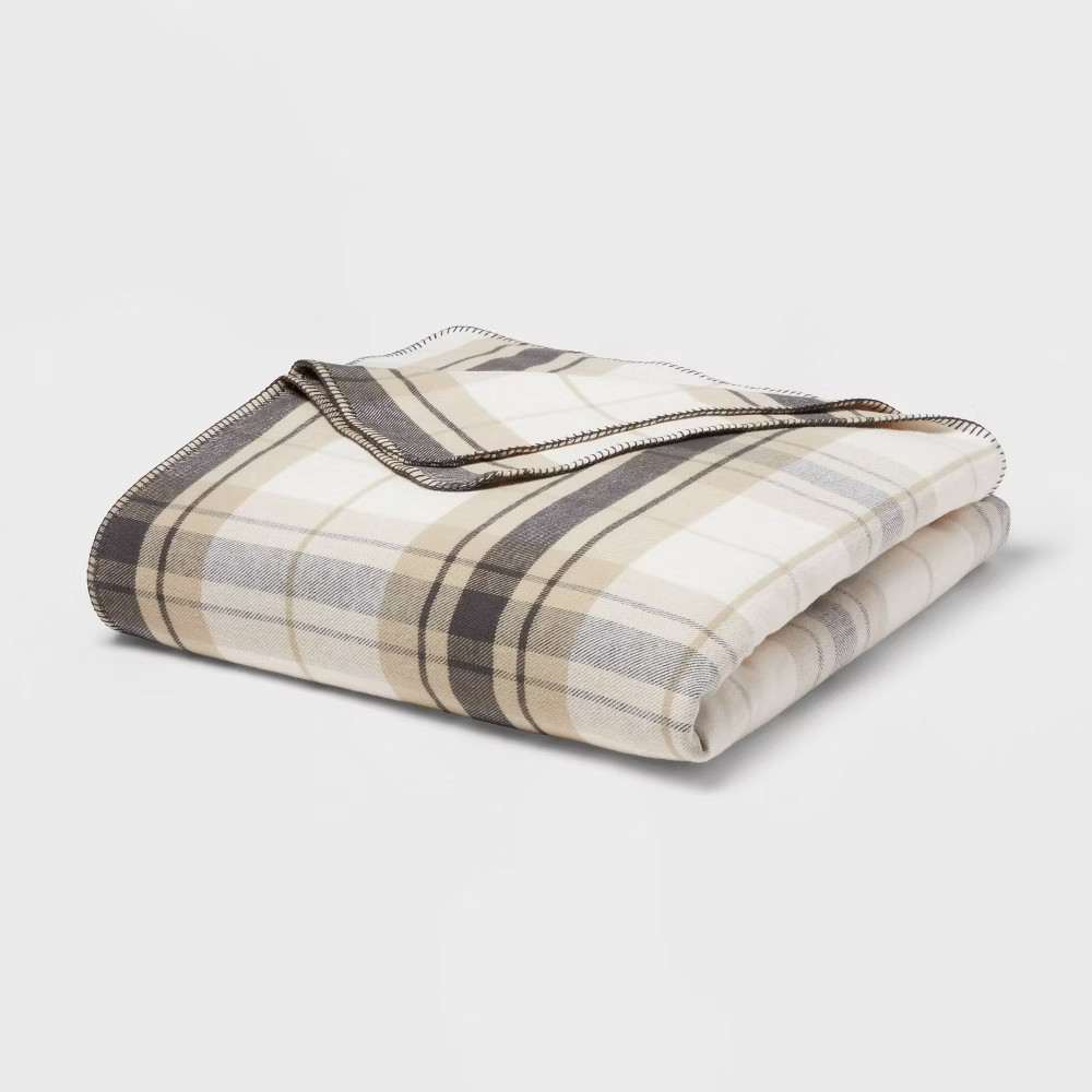 Full/Queen Brushed Cotton Blanket Neutral Plaid - Threshold