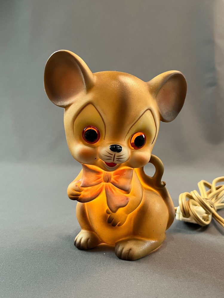Vintage Josef Original MOUSE WITH PINK BOW 6" Ceramic Night Light ~ Working
