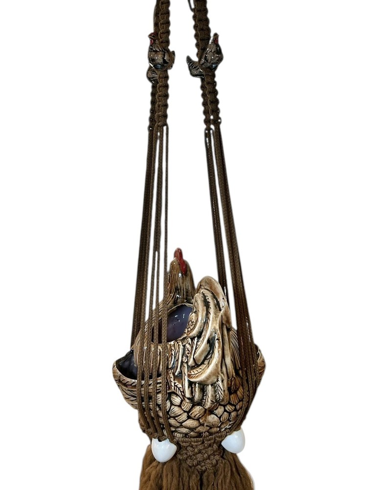 MCM Rooster Ceramic Planter Macrame Hanger 1976 Arnels Hen Chicken Egg Cottage