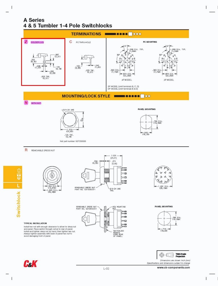 Switch, Keyed, SPST, 2.5A @ 125VAC, Panel, Keypull @ Pos. 1, C&K (A114132Y2NZNQ)