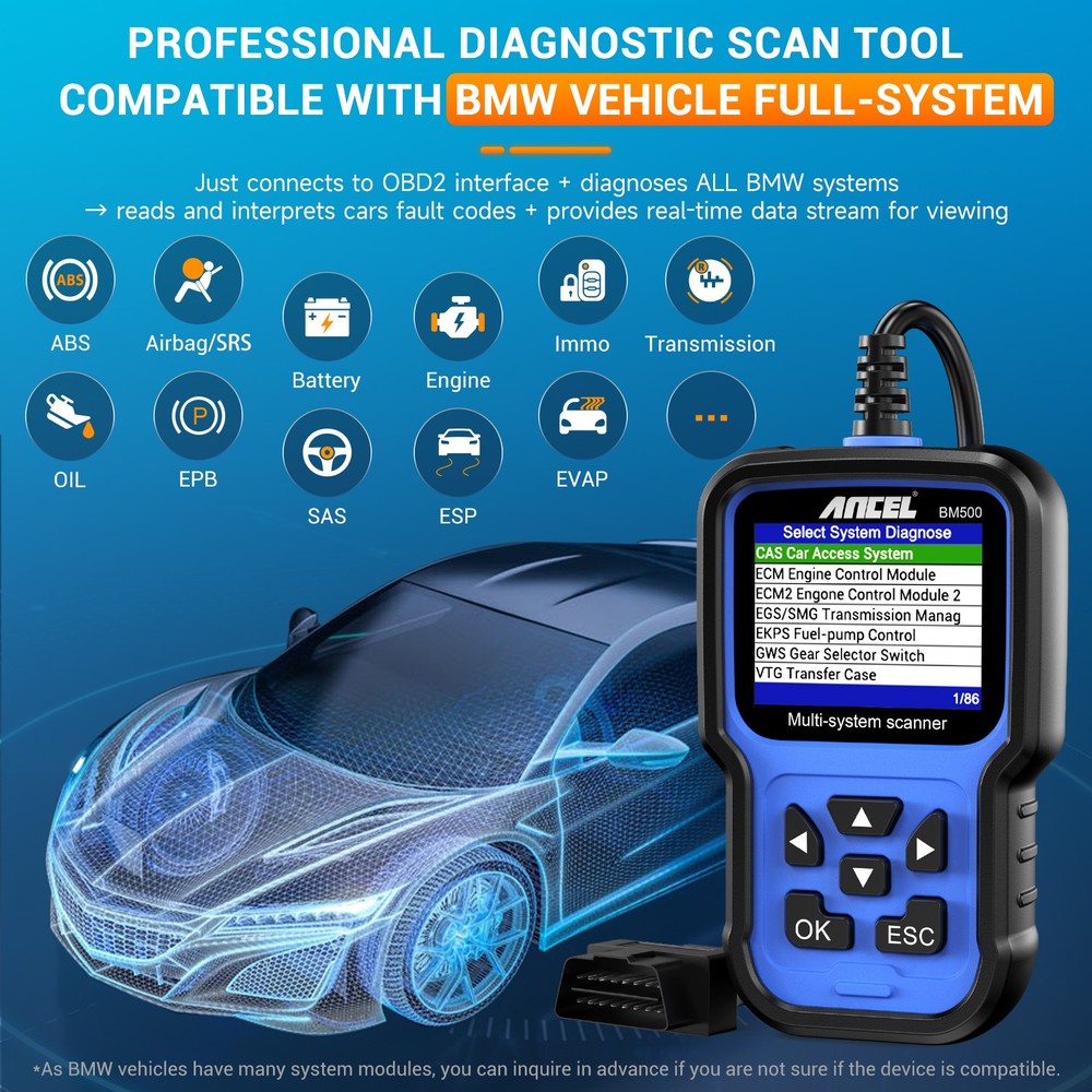 ANCEL BM500 OBD2 Scanner BMW MINI Battery Code Reader EPB SAS SRS TPMS Oil Reset