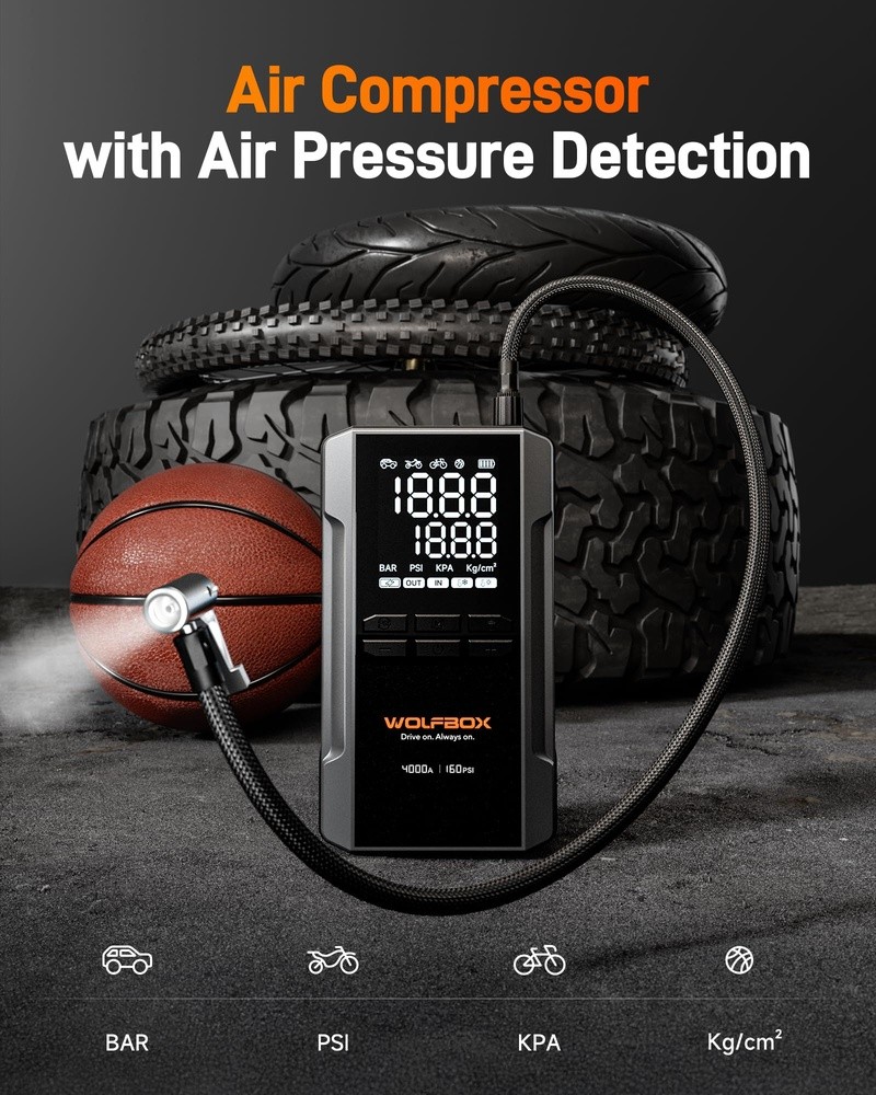 WOLFBOX 4000A Jump Starter with 160PSI Air Compressor