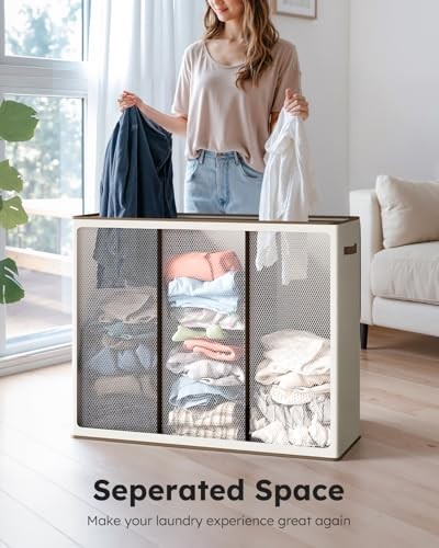 Laundry Hamper 3 Section, Extra Large Laundry Hamper with Lid, 180L Off-white