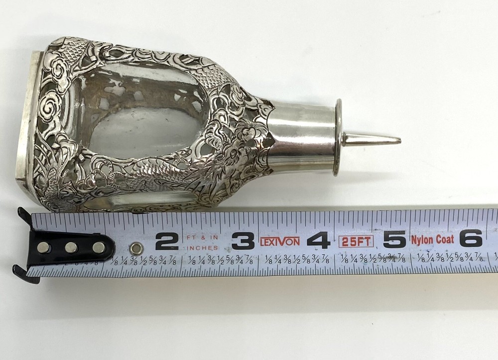 Antique Asian Signed Silver Overlay Dragon Pattern Bitters Bottle 5” 143g