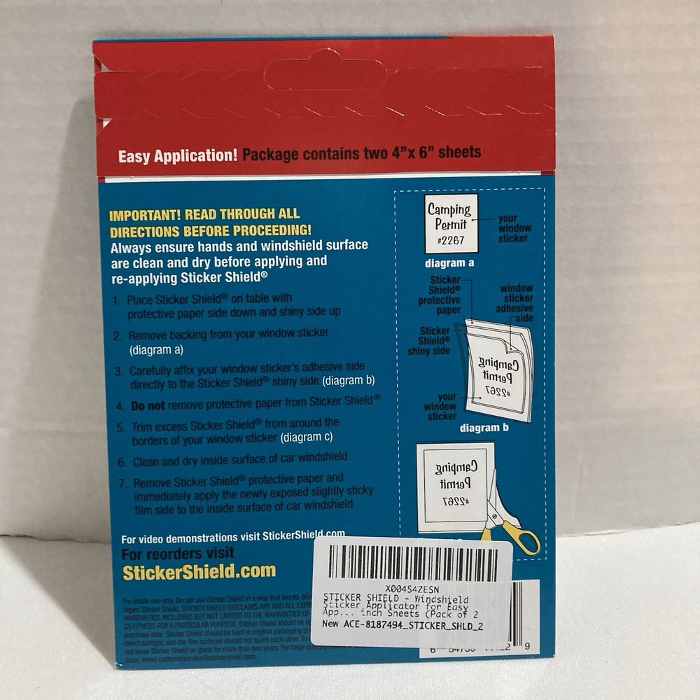 Sticker Shield Windshield Sticker for Easy Application & Removal - 4x6 2 Sheets