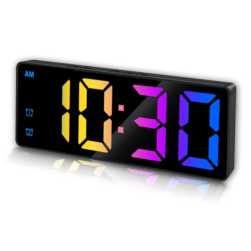 Small Digital Alarm Clock Mirror LED Display Adjustable Brightness Black Case