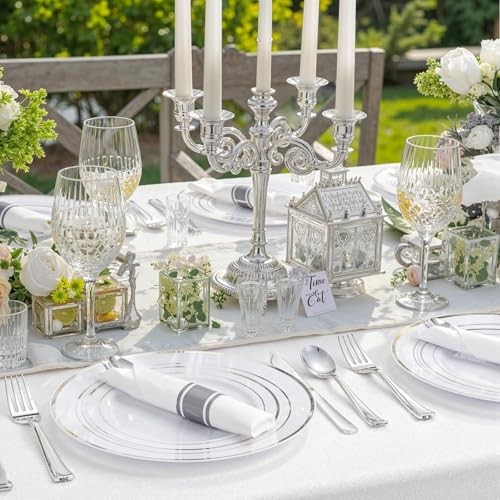 350Piece Silver Plastic Dinnerware Set for 50 Guests - 350PCS White and Silver