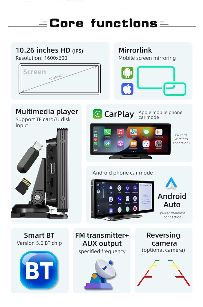 10" Wireless Touch Screen BT Android Auto HD Portable Multimedia Apple Carplay