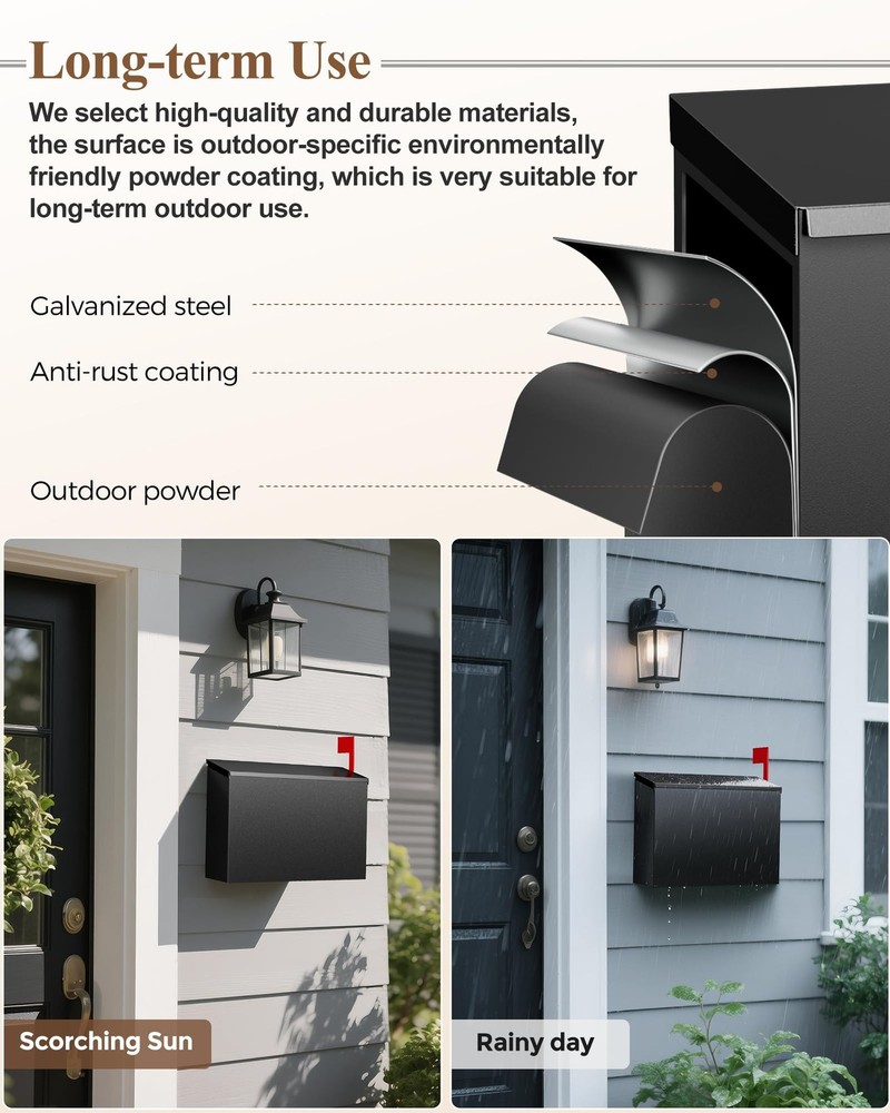 VERSASKY Wall-Mount Mailbox for Outside, Large Capacity Rust-Proof Mail Black