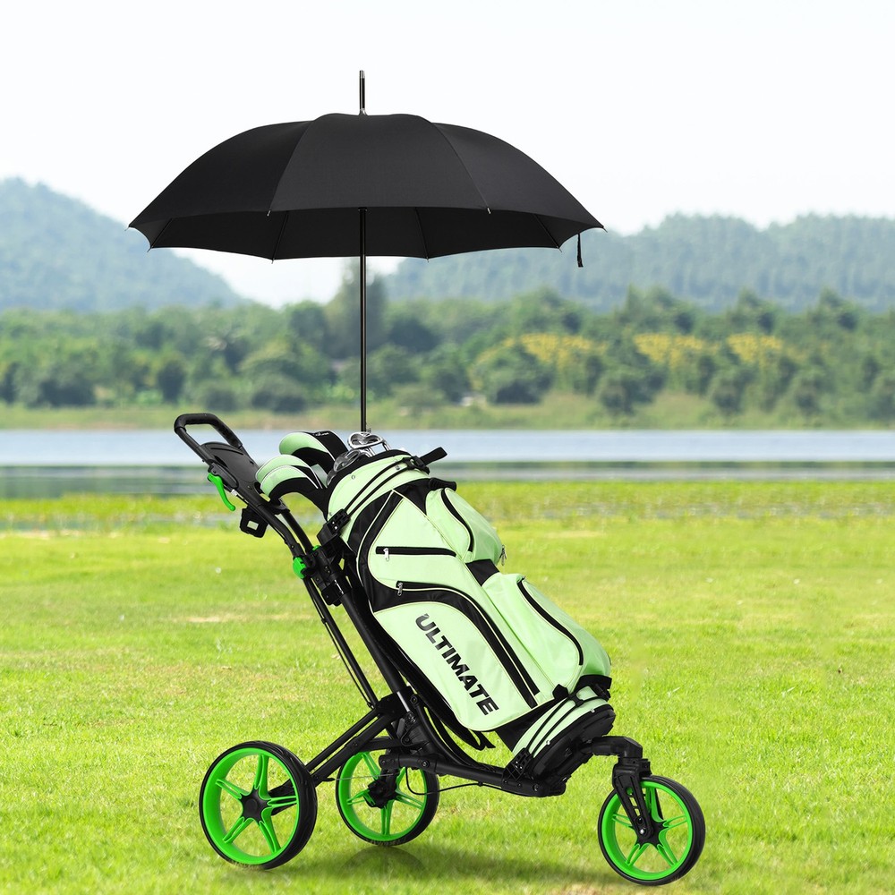 3 Wheels Foldable Golf Push Pull Cart Trolley w/ Adjustable Handle Brake Green