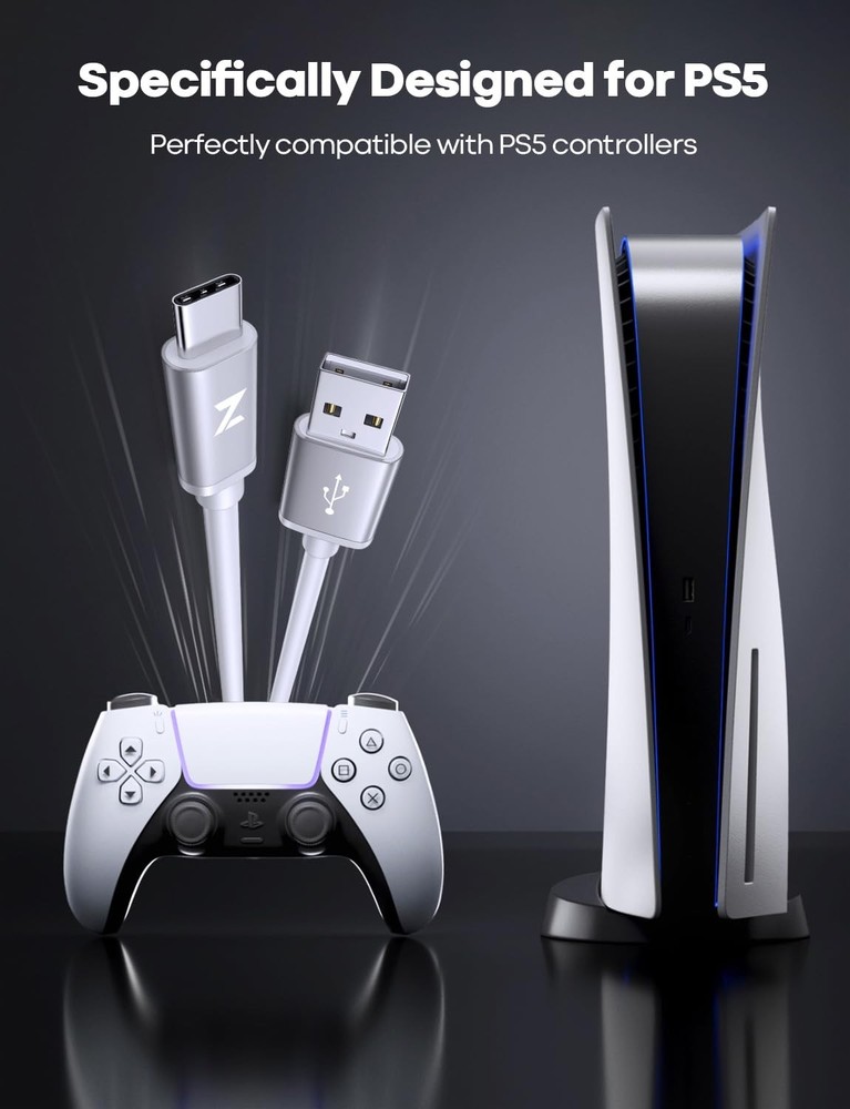 ZENANBiBi White PS5 USB C Charging Cable 10ft, Long