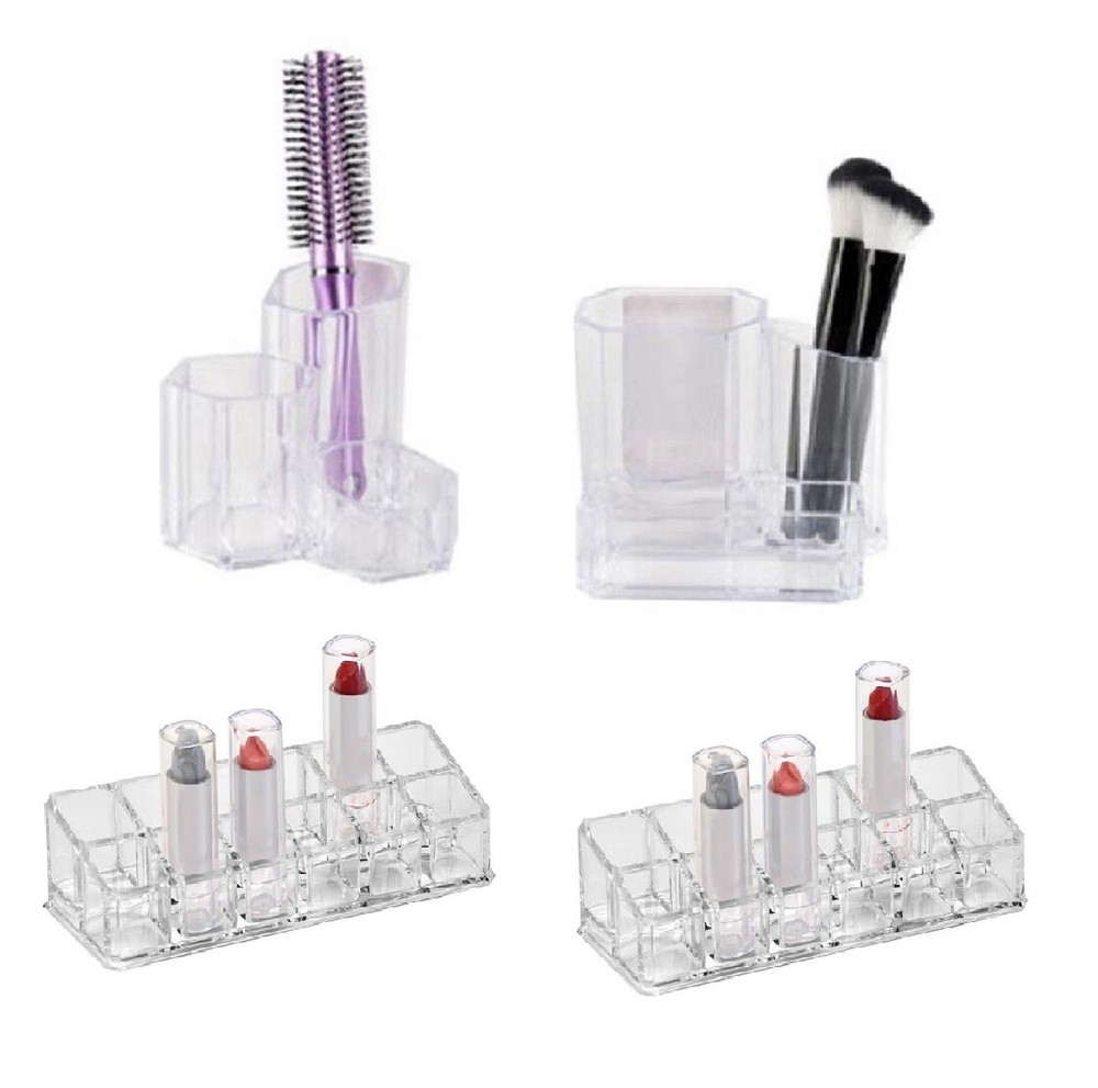 Multi Section Clear Acrylic Cosmetic Organizer 4 Pc Bundle Makeup Brushes