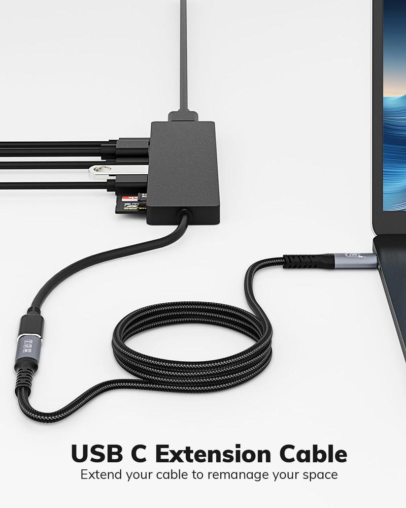 USB C Extension Cable - 10Gbps Data Transfer, 100W Fast Charging, 1FT, Black