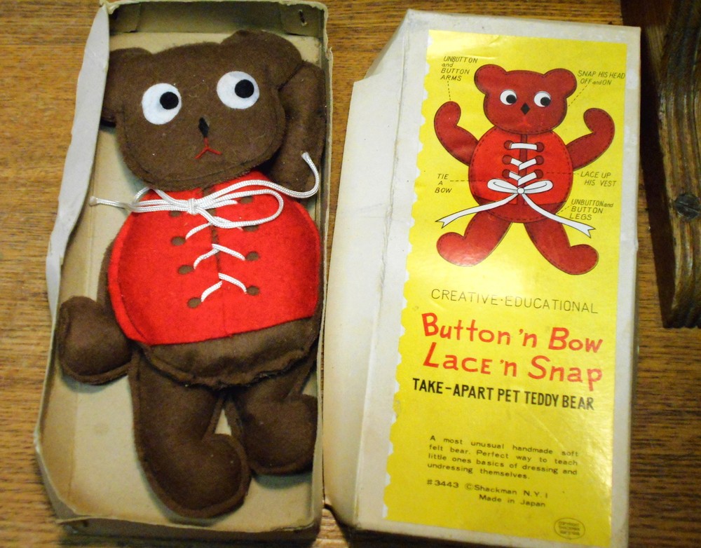 Vintage Creative Educational Button & Bow Lace & Snap Teddy Bear Shackman Japan