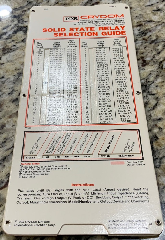 1985 Crydom Solid State Relay Selection Guide AC/DC Rectifier Vintage Slide Rule