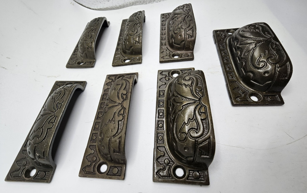 VICTORIAN IRON BIN DRAWER PULLS CABINET HARDWARE 7 ORIGINAL DECORATIVE HANDLES