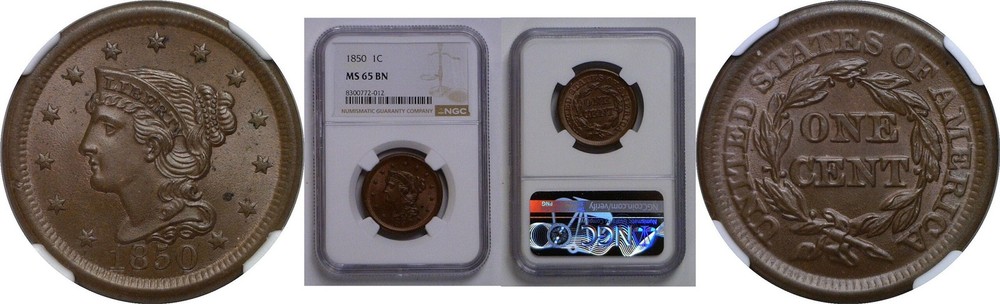 1850 Large Cent   NGC MS-65 BN