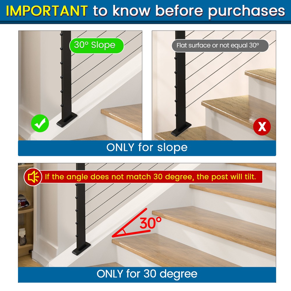 Muzata Slope Post Knee Wall 36"x1"x2" Adjustable Top Cable Railing Post PR11