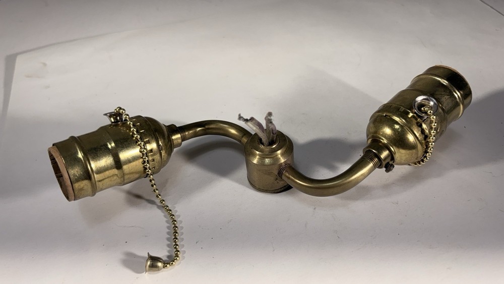 Vintage two light brass bulb pull chain lamp cluster wired K