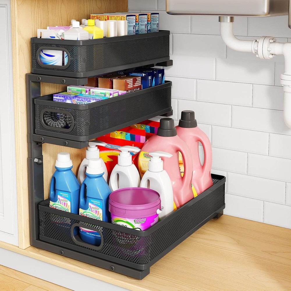Under Sink Organizer 2-Pack 3-Tier Thickened Metal Pull out Cabinet Organizer