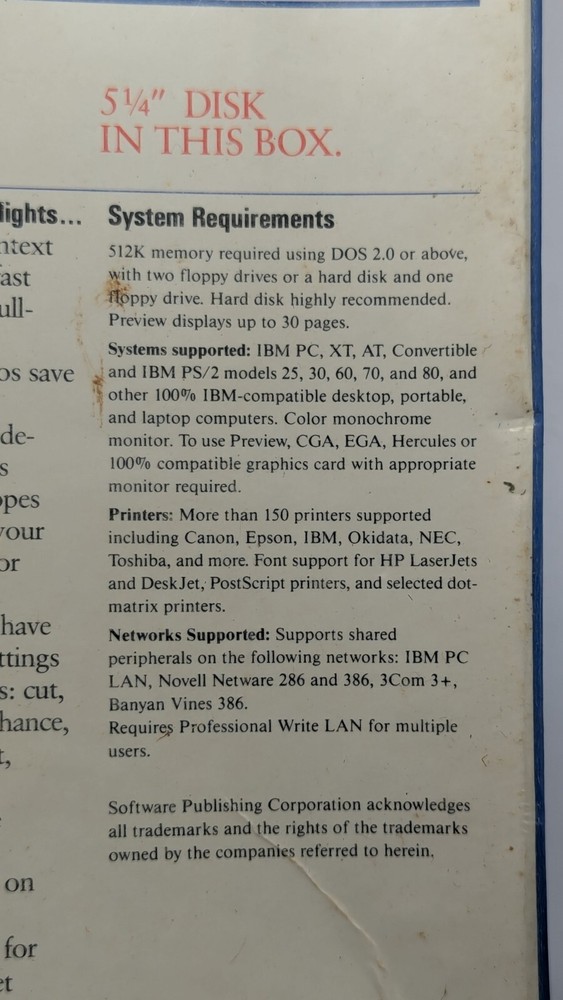 Professional Write Word Processing Software v 2.2 IBM DOS 5.25" Disks VINTAGE