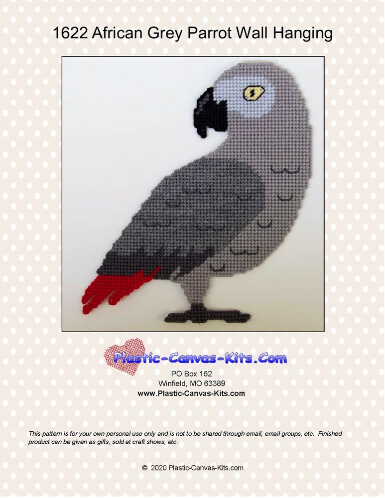 African Grey Parrot  Wall Hanging-Plastic Canvas Pattern or Kit