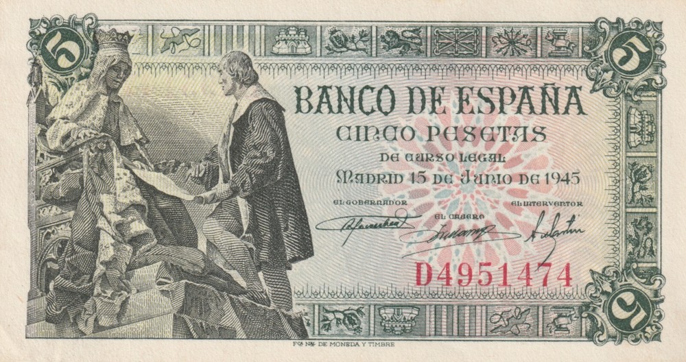 Spain 1945 5 Pesetas Uncirculated Banknote Pick 129a
